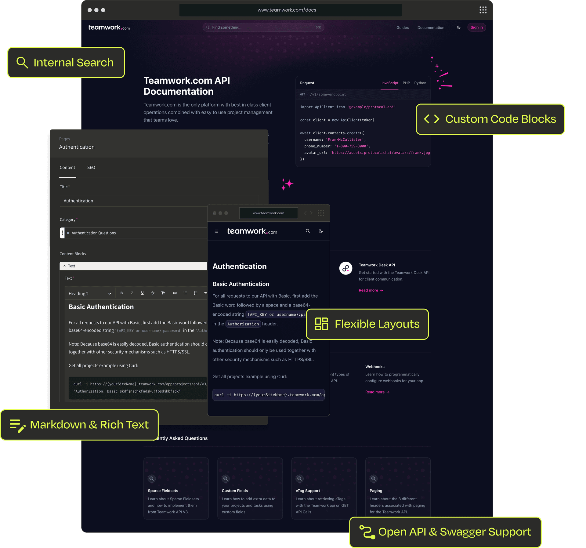 Mock up of document site and Contento CMS editor panel